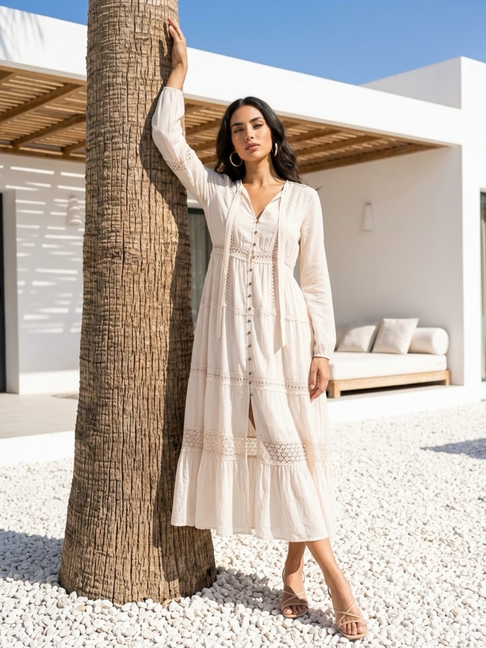 Taylor & Sage Cream Lace-Panel Maxi Dress